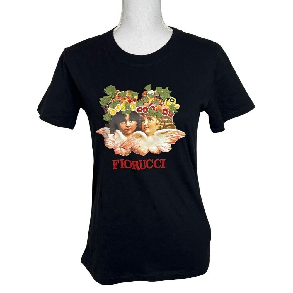 FIORUCCI Women's Embellished Angels T-shirt Multicolor on Black Sz S NWOT